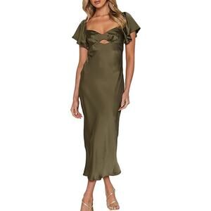 Showpo Women’s Olive Midi Slip Dress Sz 6 Wedding Guest Formal Cocktail